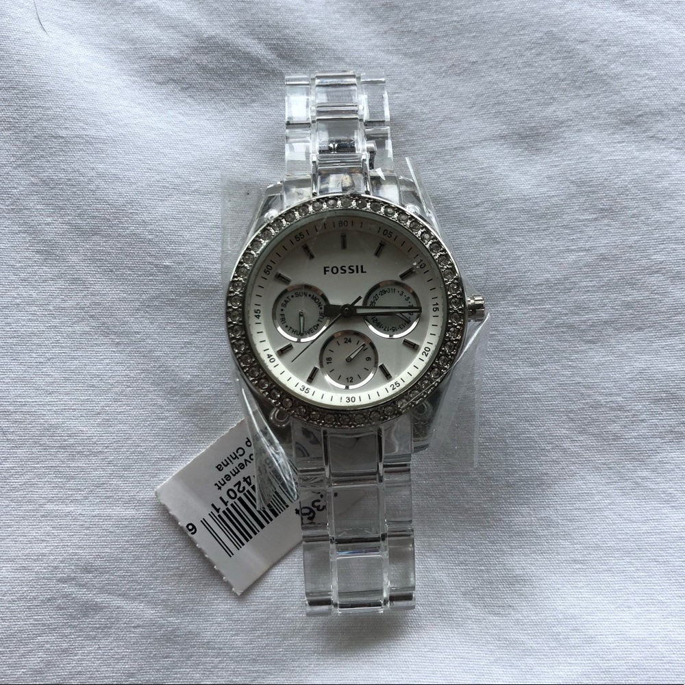 Fossil Clear Plastic Bracelet White Glitz Watch